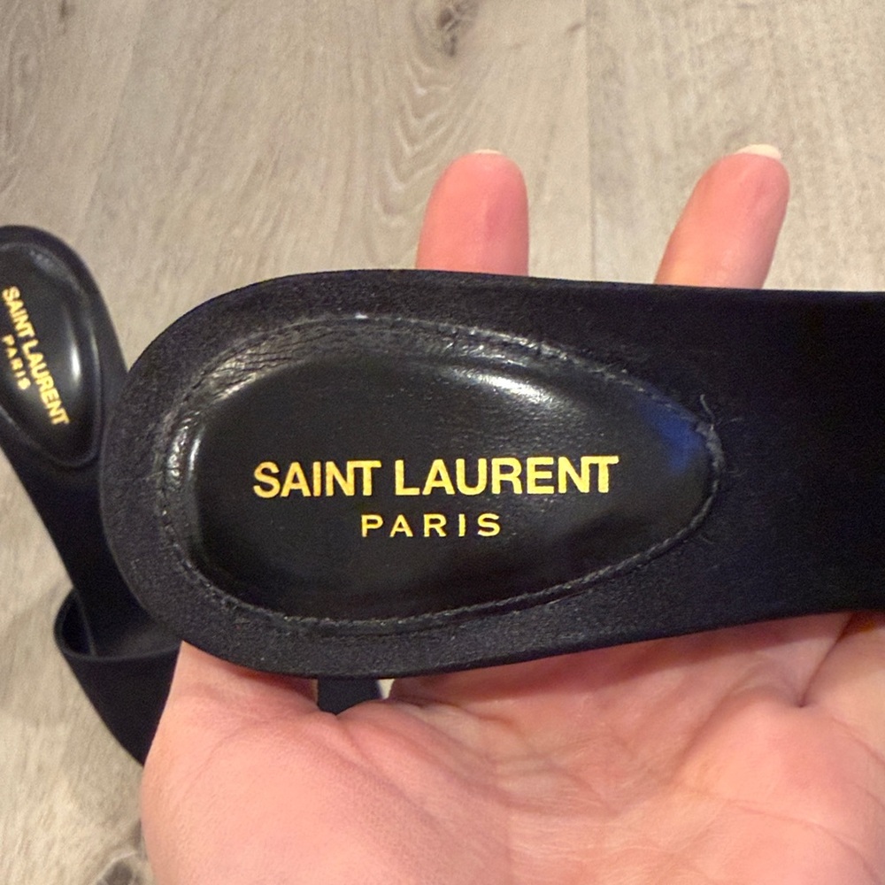 Saint Laurent Black Satin Open-Toe Slide Heels - Picture 2 of 5